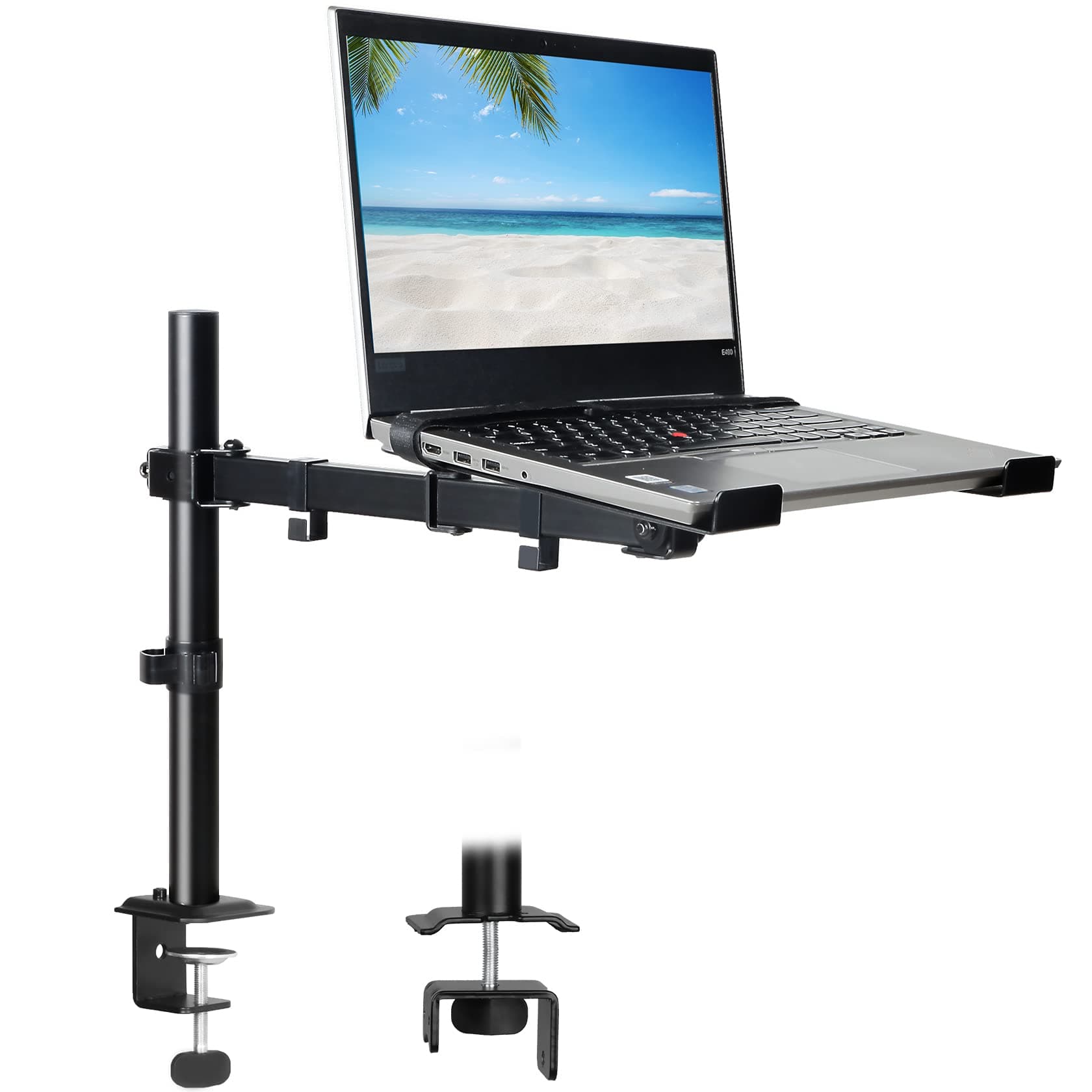 Laptop Desk Mount, Single Laptop Stand Arm with Vented Tray for 17 inch Notebook or 14”-32” Monitor, Holds up to 17.6 lbs, Fully Adjustable, Clamp/Grommet Mounting, VESA 75/100mm