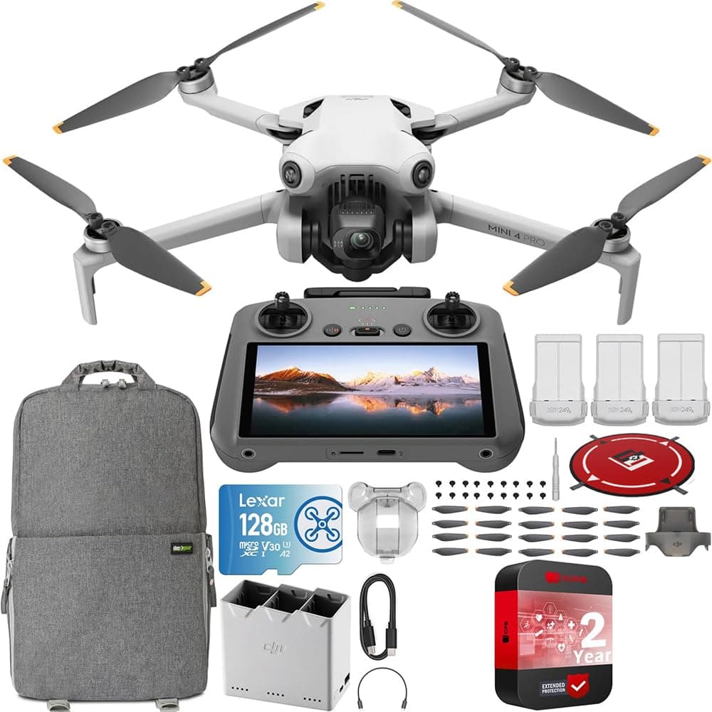 DJI Mini 4 Pro Folding Drone with RC 2 Remote (With Screen) Fly More Combo, 4K HDR Video Camera for Adults, Under 249g, Omnidirectional Sensing, 3 Batteries Bundle with Deco Gear Accessories