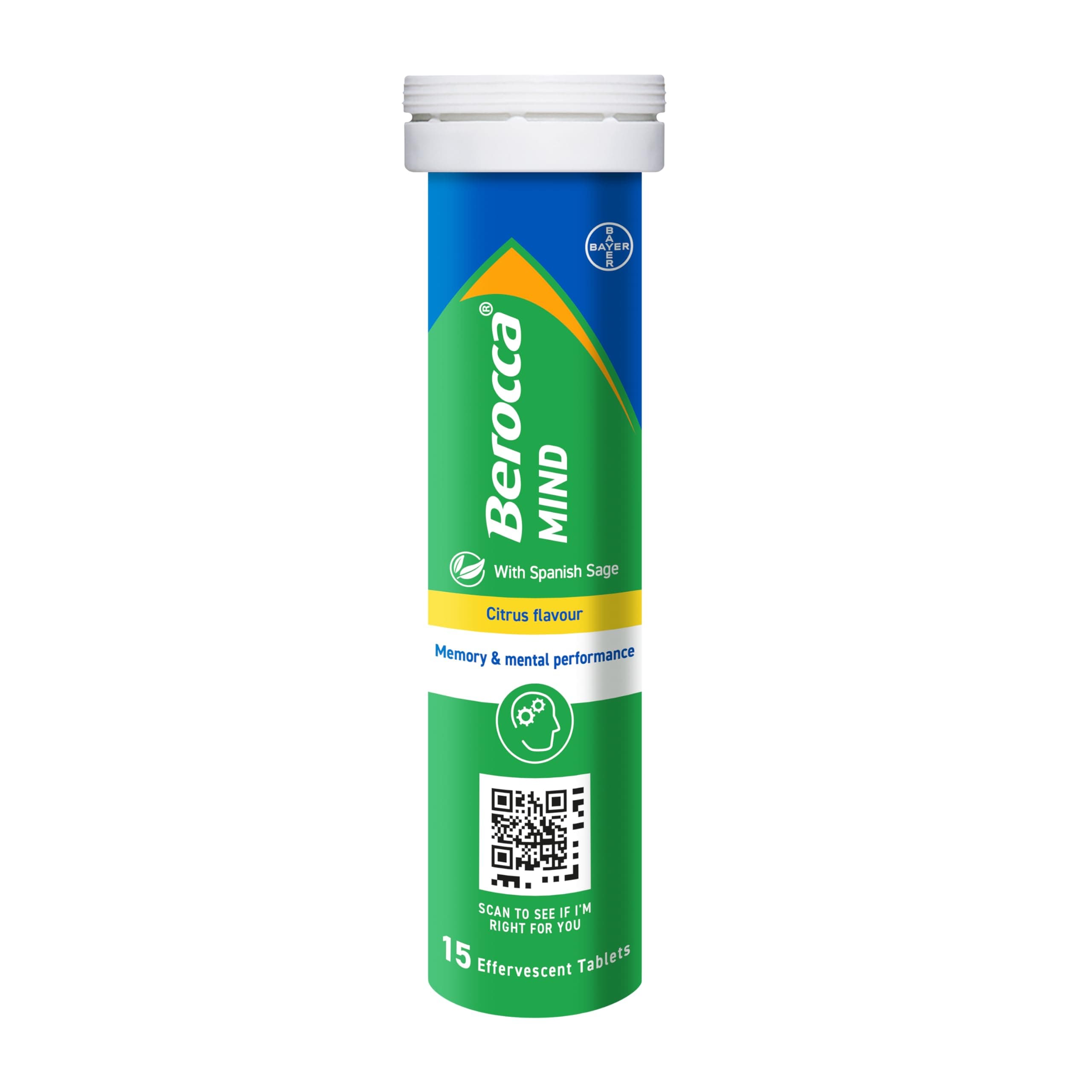 Berocca Mind Effervescent Tablets Including B Vitamins, with Spanish Sage to Support Memory and Mental Performance - 15 Tablets - Citrus Flavour