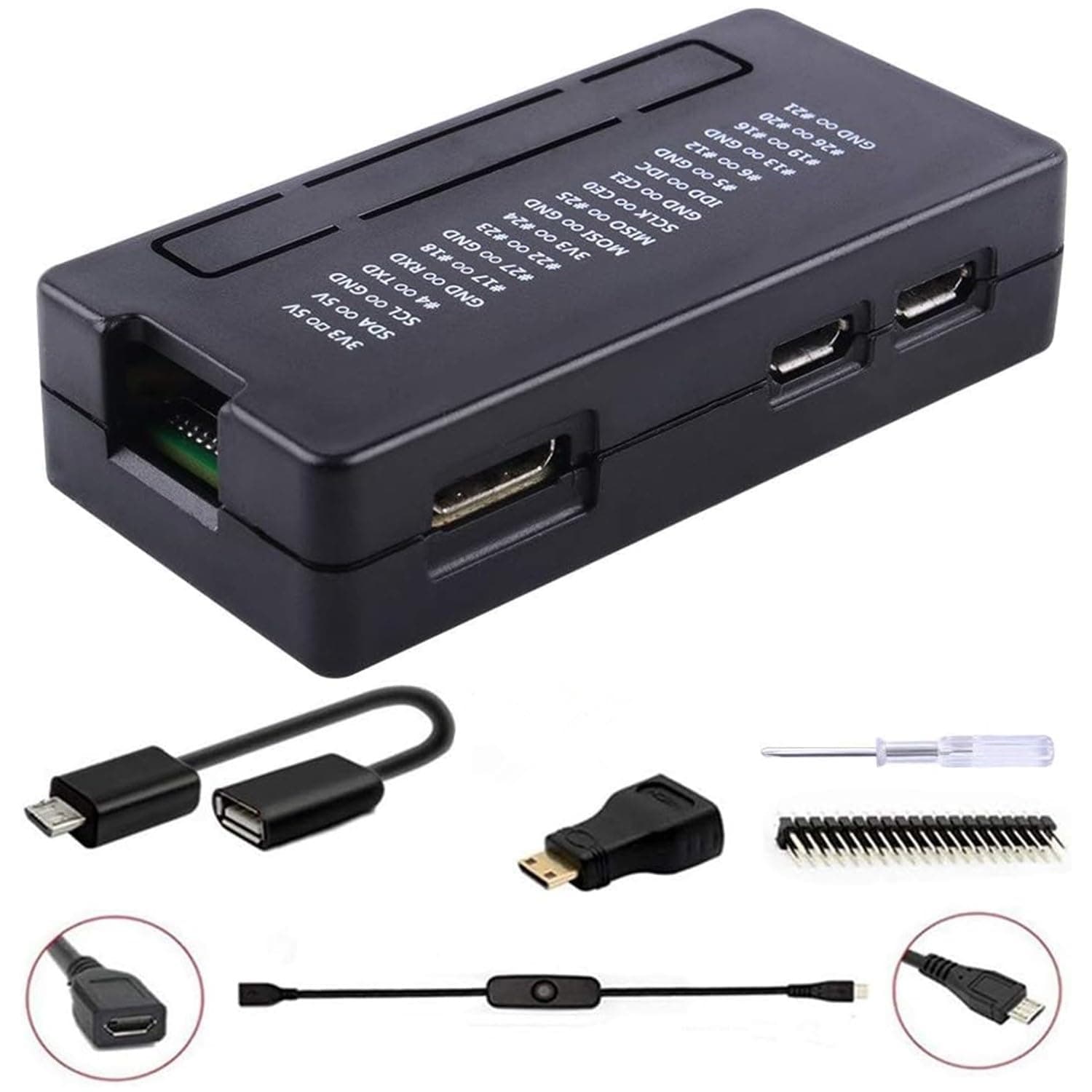 Pi Zero 2 W Case/Zero W Case, 7 in 1 Basic Starter Kit with 20Pin GPIO Header, OTG Cable, Switch Cable, HDMI Adapter and Screwdriver for Raspberry Pi Zero 2 W/Zero W (Black)