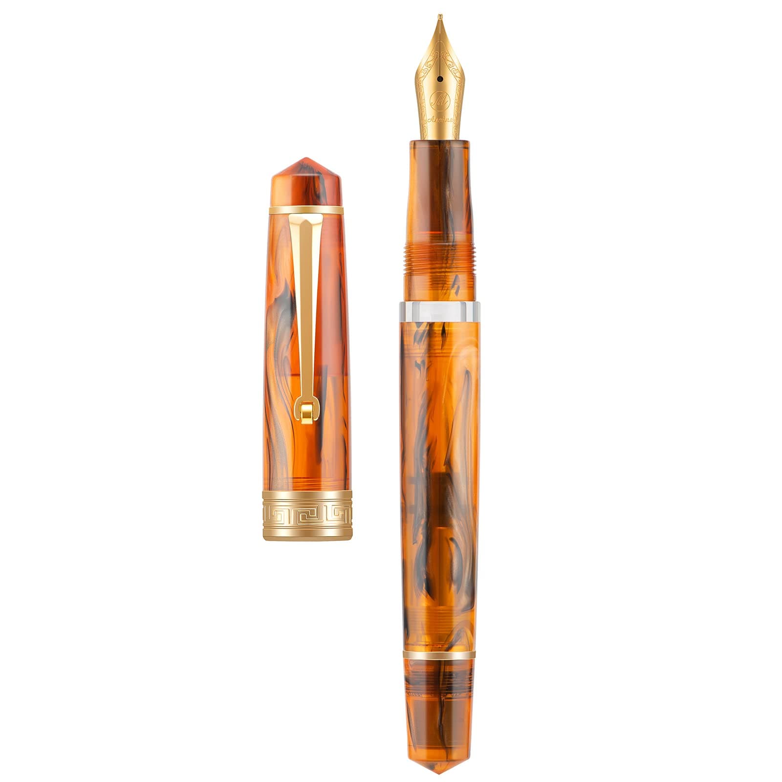 P20 Piston Fountain Pen Amber Resin, Iridium Medium Nib Gold Trim Smooth Writer Collection with Case Set