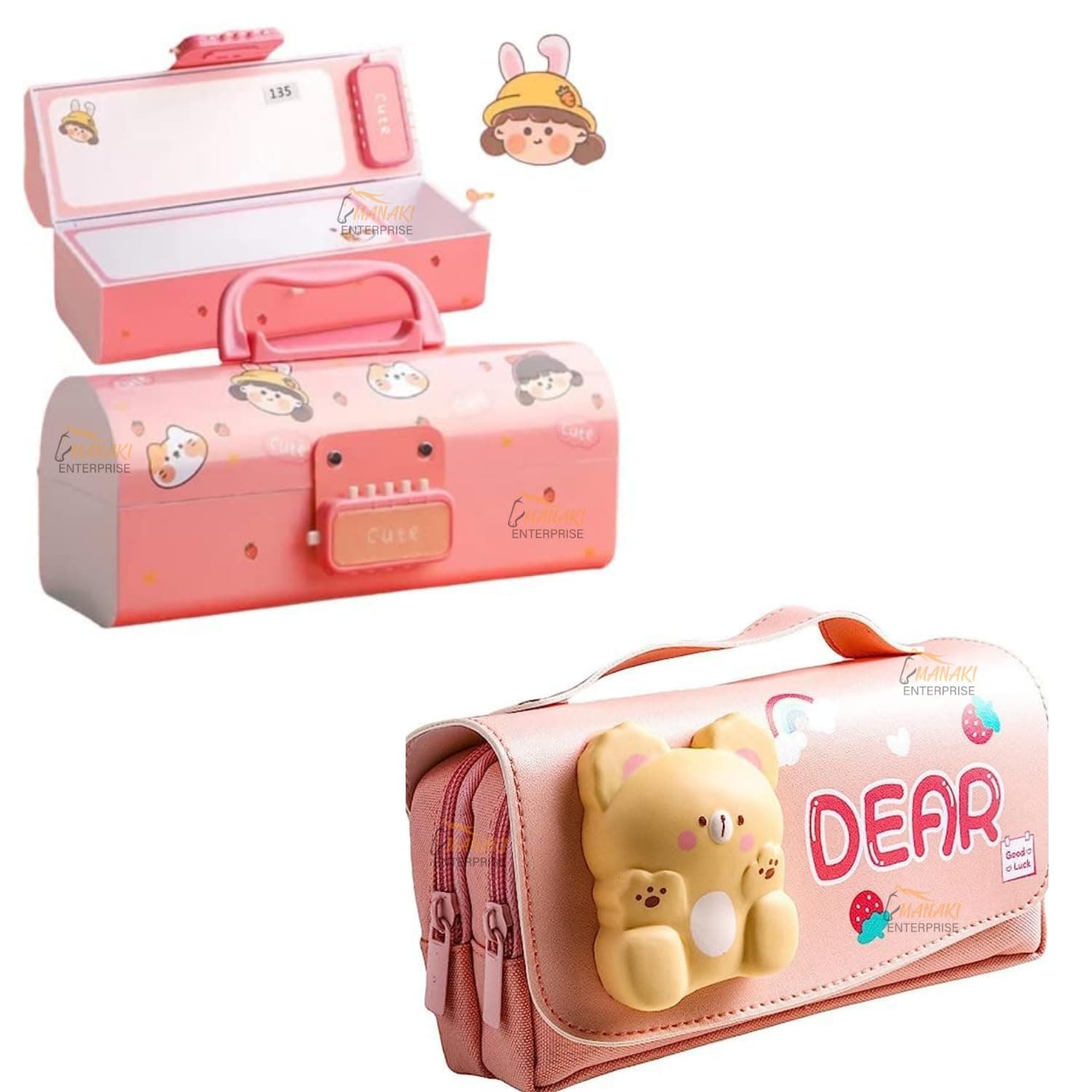 Pencil case Style Password Lock Multi-Layer Pencil Box & 3D EVA Pencil Case Pouch for Boys Girls(Cute Pink P.Box+Dear Pouch)