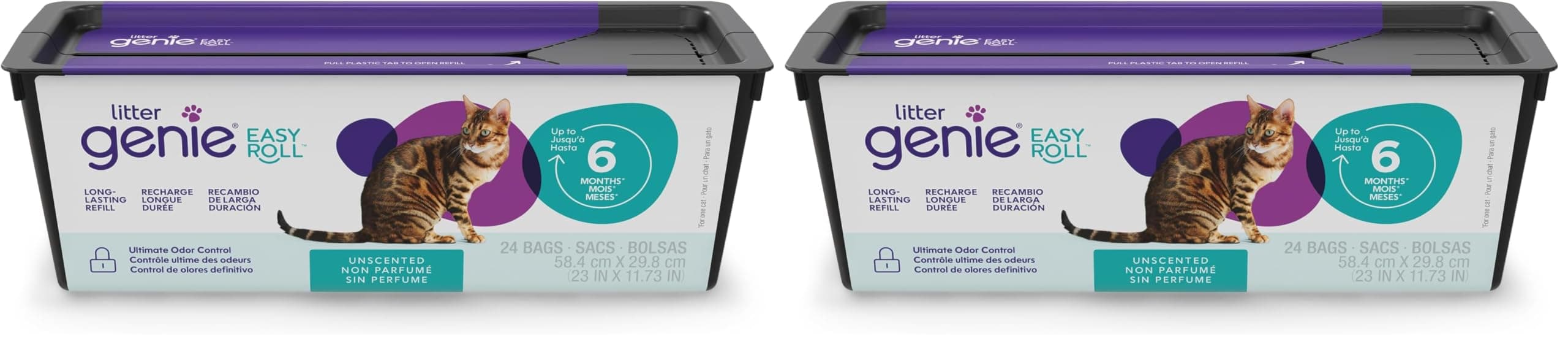 Litter Genie Easy Roll Refill Bags | Up to 6 months of supply in 1 Roll - 24 tear-off Bags | Ultimate Odor Control Cat Litter Bag (Pack of 2)
