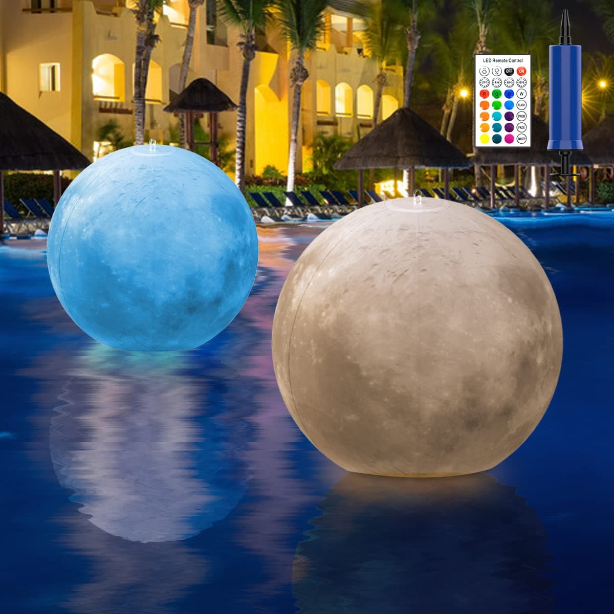Full Moon Floating Pool Lights Solar Powered ,14 inch Pool Lights That Float,RGBW 16 Colors Inflatable Waterproof Glow Balls for Pool, Swimming Pool Lights for Party Festival Outdoor Decor ,2 Pack