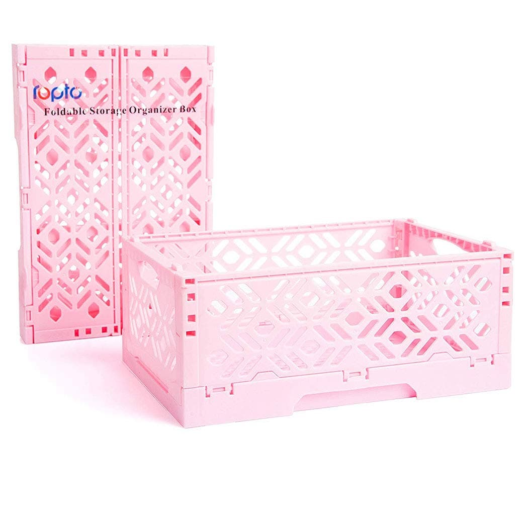 Homes and Offices desktop organizer plastic storage baskets collapsible stackable Rectangle Shape for photo dvd (PINK)