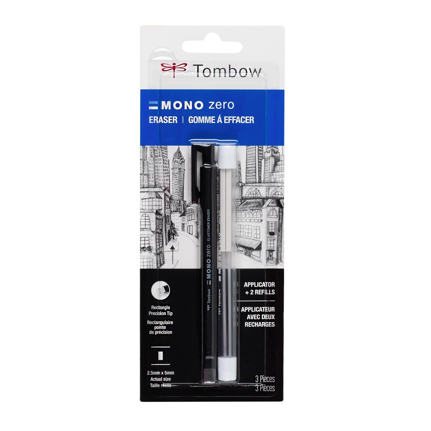 Tombow Mono Zero (Pack of 1) Rectangle 2.5mm Eraser Value Pack Precision Tip Pen-Style Eraser with Refill