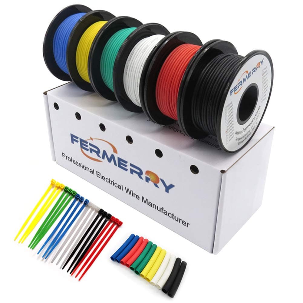– Fermerry 18 AWG Stranded Wire Silicone Tinned Copper Wire Spool 10ft Each 6 Colors Flexible 18 Gauge Hook up Electrical Wire Kit (6 Colors 10FT Each, 18AWG)