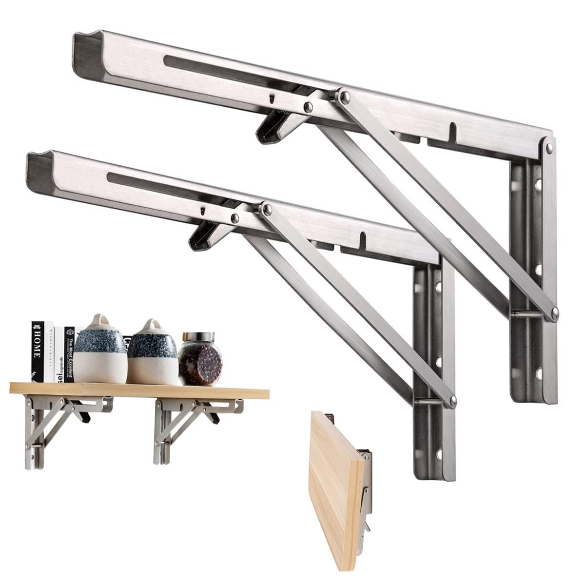 Folding Shelf Bracket 20 inch, Space Saving DIY Brackets, Heavy Duty Stainless Steel Collapsible Shelf Brackets, 2PCS Wall Mounted Folding Table Hinge for Kitchen Bedroom Work Bench, Max Load: 400lb