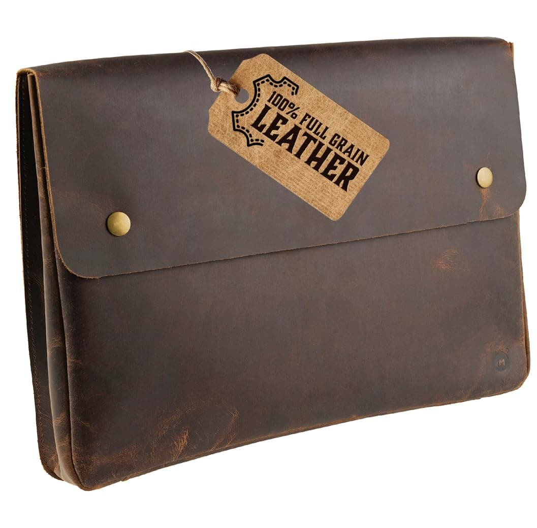 Moonster Leather Folder, Full Grain Leather File Folder Organizer Document Holder, Portfolio for Men –Spacious Folio Laptop Sleeve Case - Fits 13" 14" 15” Laptops, MacBook and Tablets