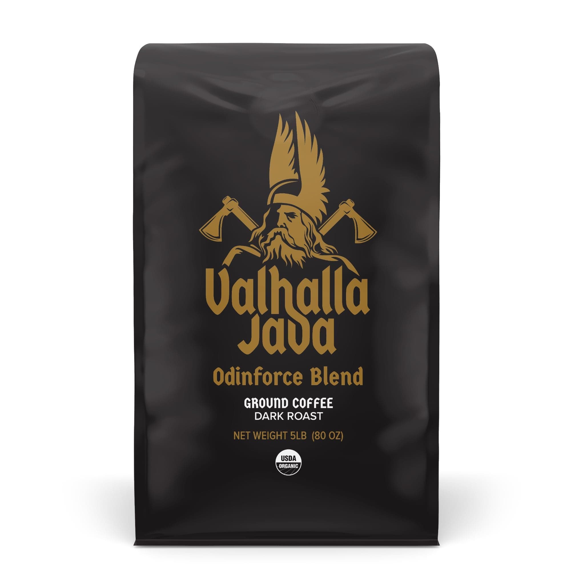 Valhalla Java Dark Roast Grounds - Extra Kick of Caffeine - 5 Lb. - Bold & Intense Blend of Arabica Robusta - USDA Organic - Strong Coffee for Morning Boost