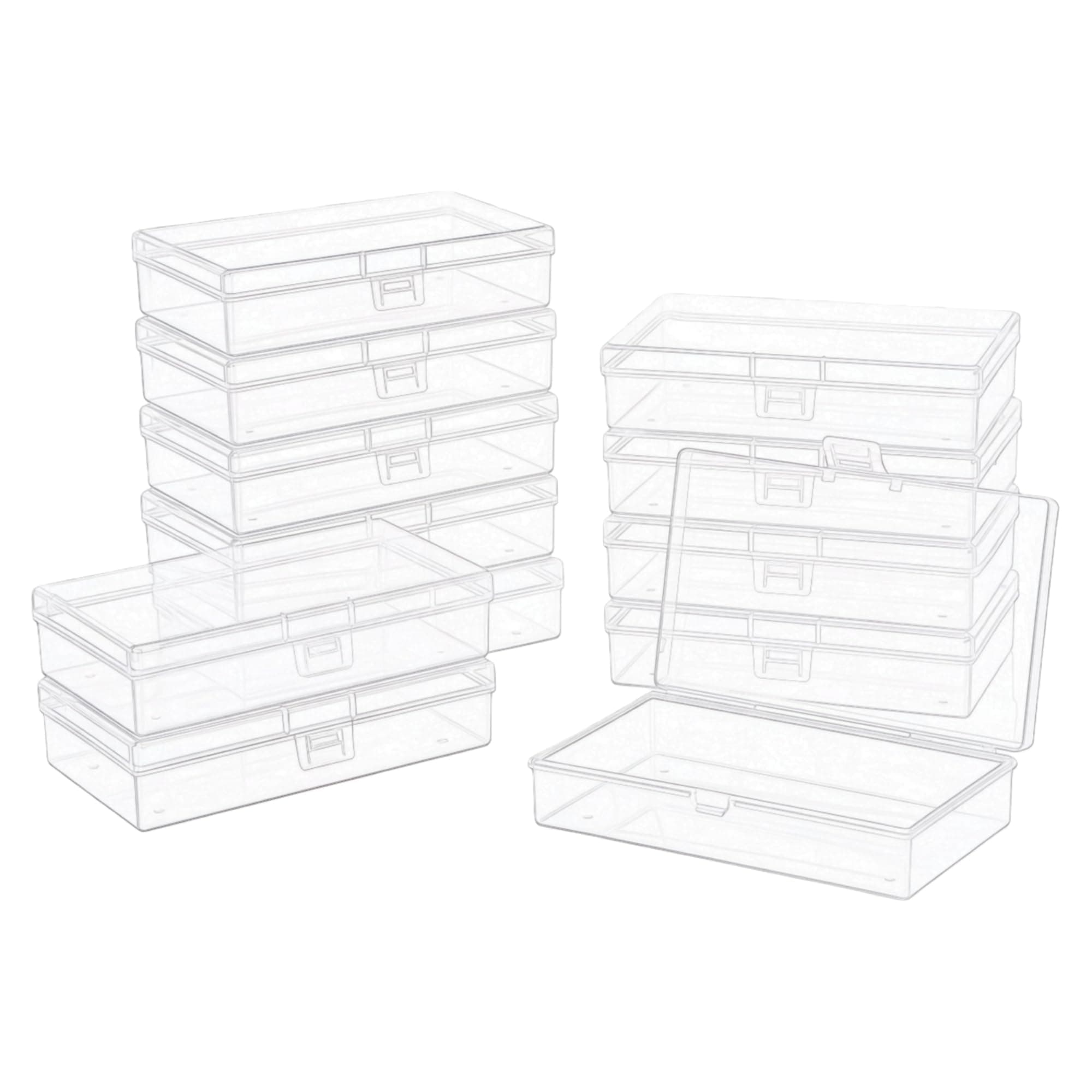 LJY 12 Pack Clear Plastic Storage Boxes with Lids 13.5 x 8 x 3 cm – Rectangular Medium Containers for Diamond Art Accessories, Beads, Crafts and Hardware, Stackable Organiser Box Set