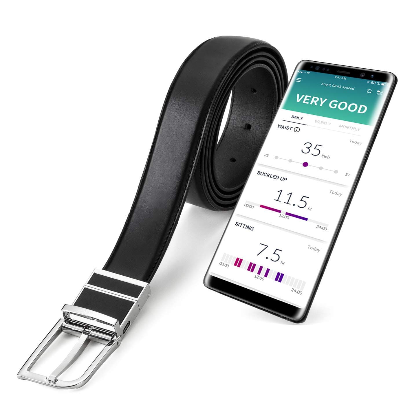WELT Smart Belt, Compatible with iOS and Android, Adjustable Size Men's Leather Belt, Bluetooth 4.1, Smart Fitness Activity Tracker, Wearable for Healthcare, Waist Measurement, Step Counter (Black)