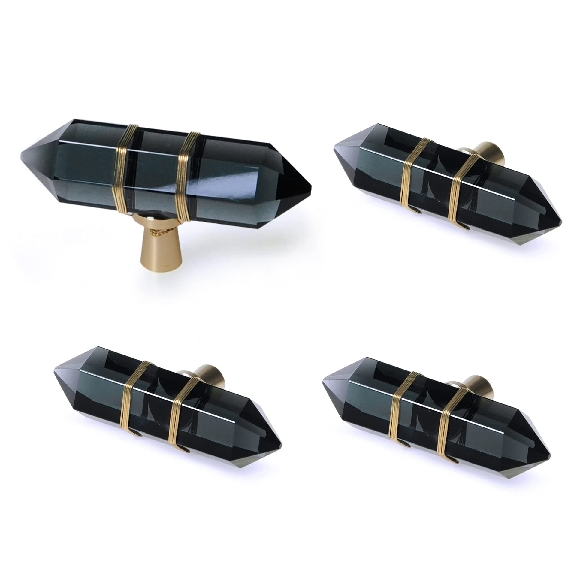 JEREVER 4 Pack Hexagonal Crystal Knobs Wire Wrapped Glass Brass Drawer Pull Cabinet Handle Gold Furniture Hardware for Dresser Kitchen (Black)