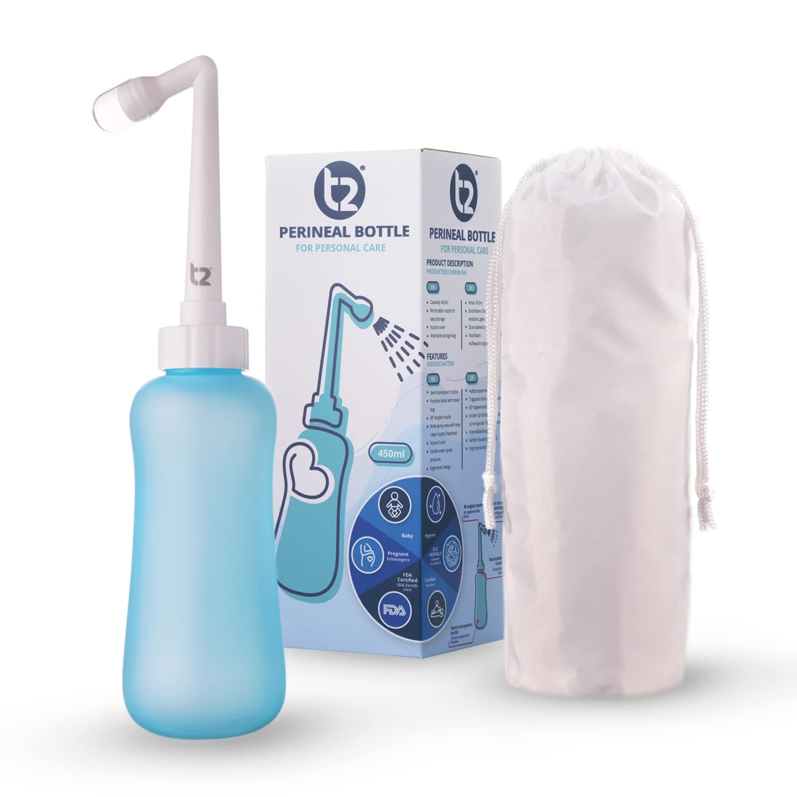 T2 Peri Bottle - Portable Bidet for Postpartum Care, Pain Relief - 450ml Plastic Squeeze Bottle with 60° Nozzle & Washable Storage Bag - Hospital Bag Maternity Essential, Gift for Mum to Be