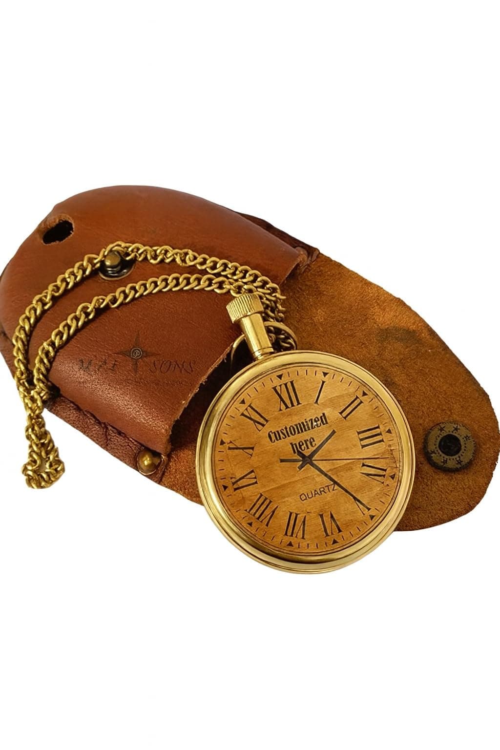 Personalized Open Face Brass Pocket Watch | Custom Engraved Dial & Back | Chain with Leather Case & Wooden Gift Box | Vintage Gift for Men & Women