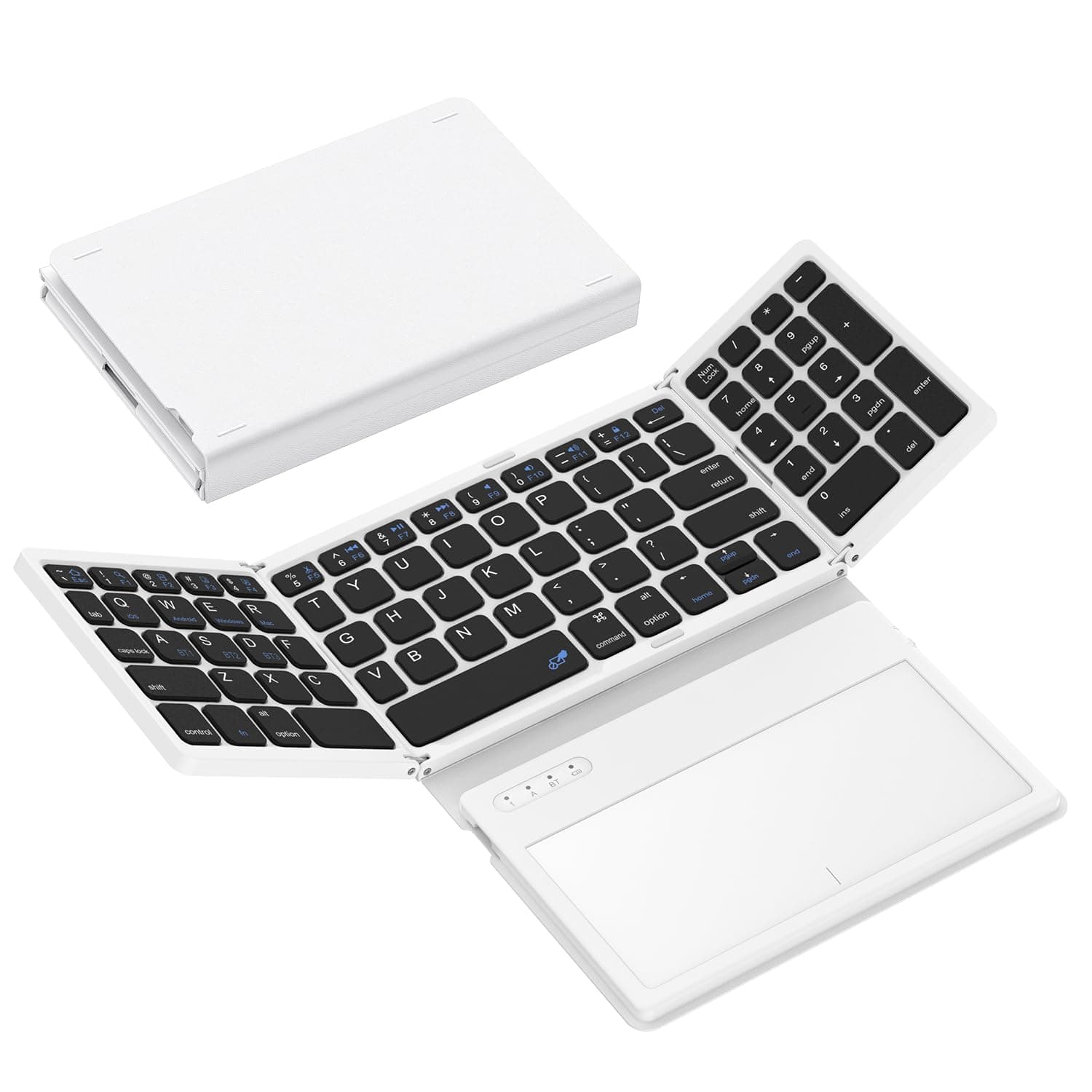 Foldable Bluetooth Keyboard, Portable Full Size Folding Keyboard with Large Touchpad, Numeric Keypad, PU Leather, Wireless TravelKeyboard for Windows iOS Android Mac(Black-White)
