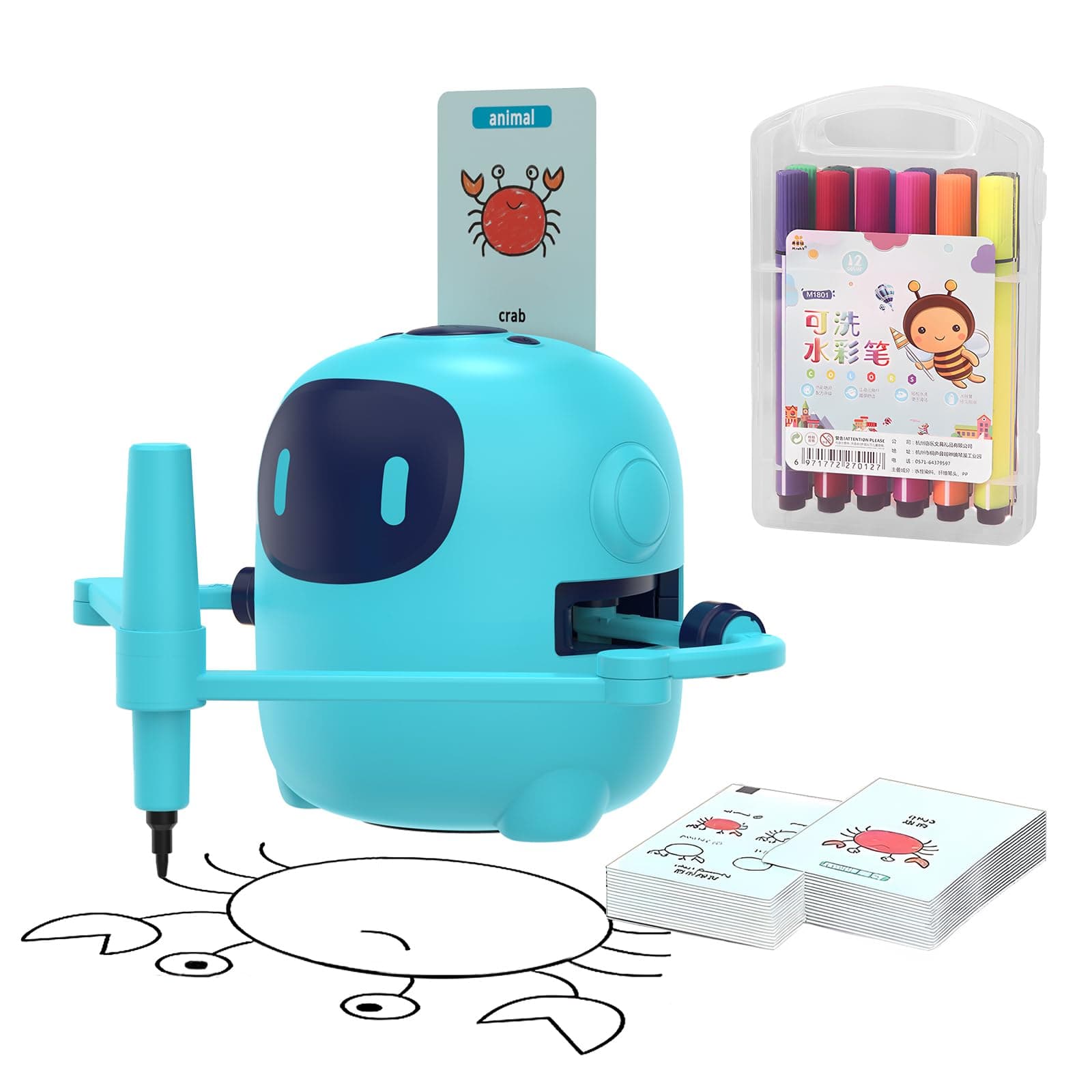Interactive Educational Robot for Kids - Drawing Machine with 100 Word Cards & Voice, Montessori Learning Toy for Girls and Boys Age 5+ (Blue)