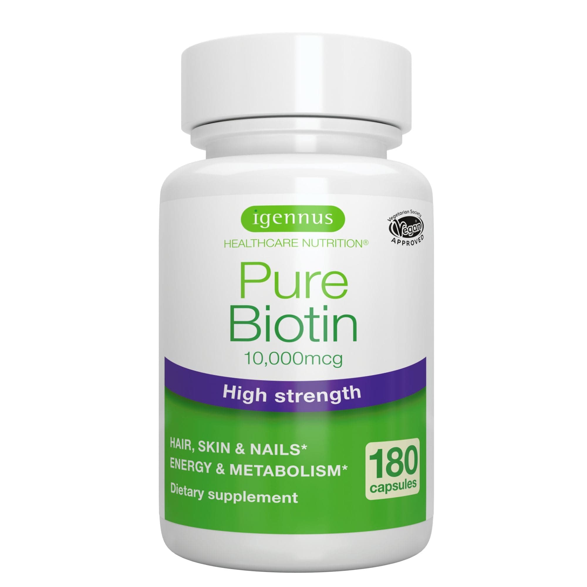Igennus Clean Biotin 10,000mcg, High Potency Vitamin B7, Lab Verified, Vegan, 1-a-Day, Small Easy to Swallow Capsules, No After Taste or Smell, Hypoallergenic