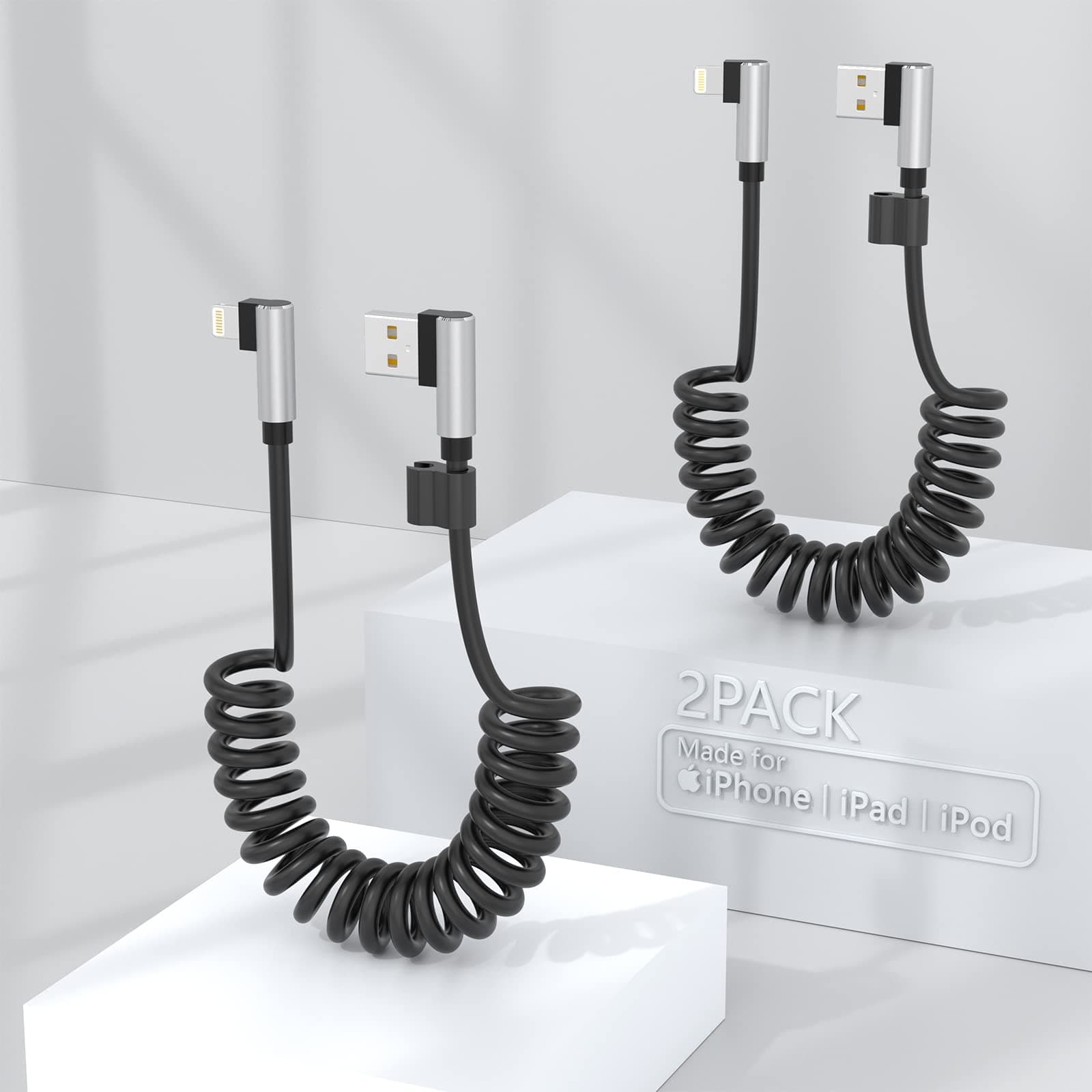 90 Degree Apple Carplay Cable [2 Pack],Right Angle Coiled iPhone Charger for Car [Mfi Certified & Data Sync] Coiled Lightning Cord for Iphone14/13/12/11pro Max/Xs Max/Xr/Xs/X/8/7/Plus/6s Ipad/iPod