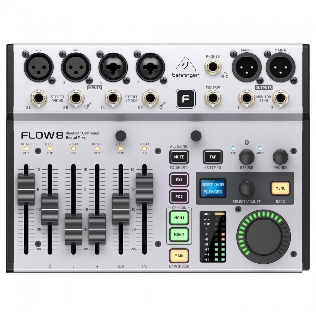 Behringer Flow 8 8-Input Digital Mixer With Bluetooth Audio And App Control, 60 mm Channel Faders, 2 Fx Processors And Usb/Audio Interface