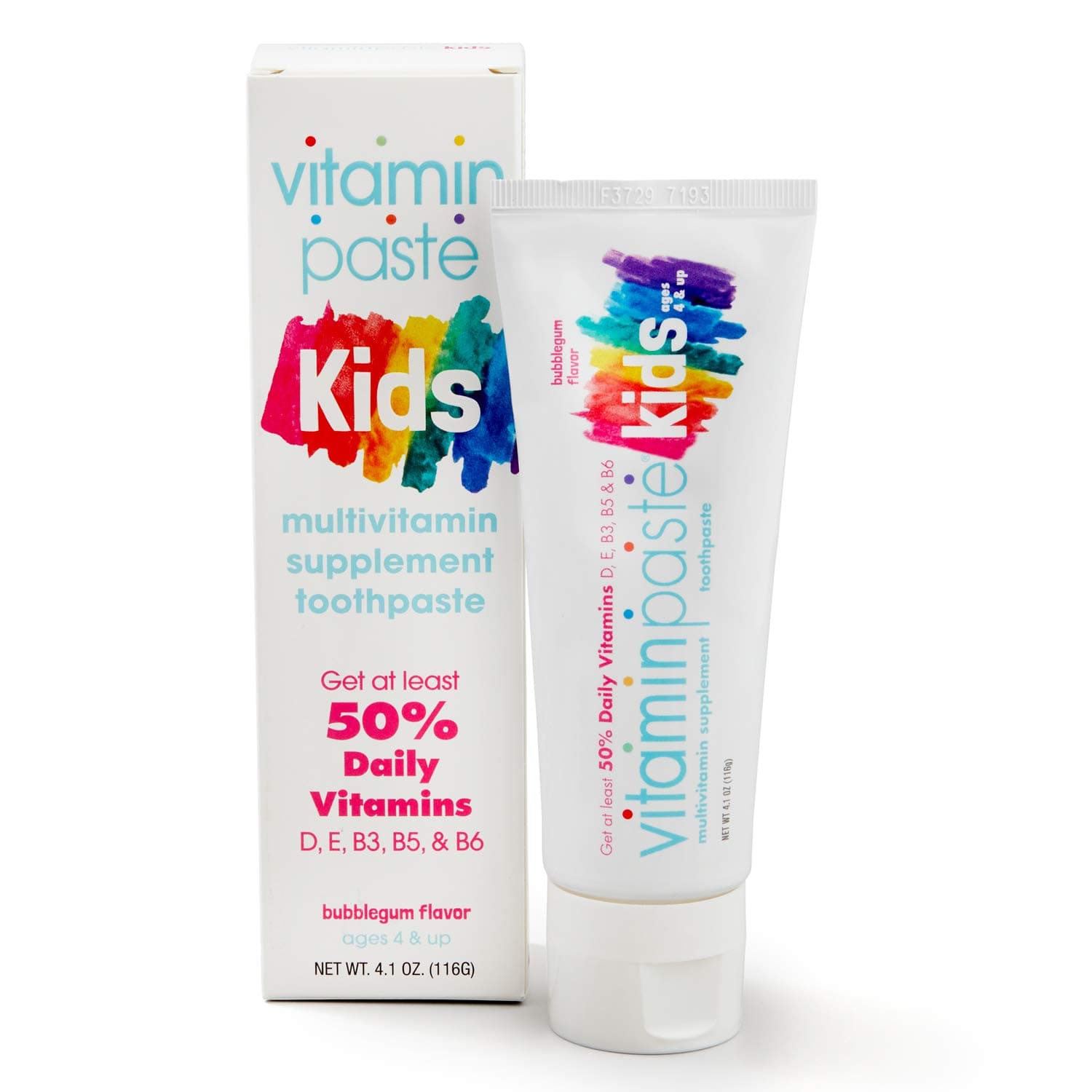 Kids Toothpaste with Daily Multivitamins B3, B5, B6, D, E, Xylitol, Calcium, Fluoride Free, Fresh Breath, Fights Tarter, Anti-Cavity, Safe to Swallow, 4.1oz, Bubble Gum Flavor