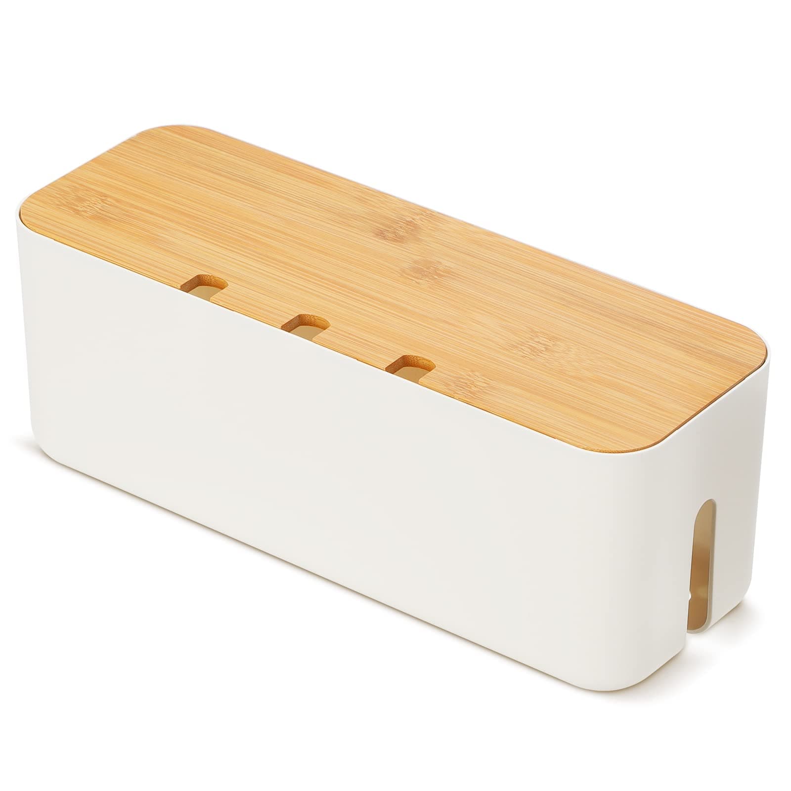 Cable Tidy Box,Large Cable Management Box Cable Organizer Storage Box with Bamboo Lid for Hiding Messy Cables Wire Management White 14.2"x 5.1"x 5.1"