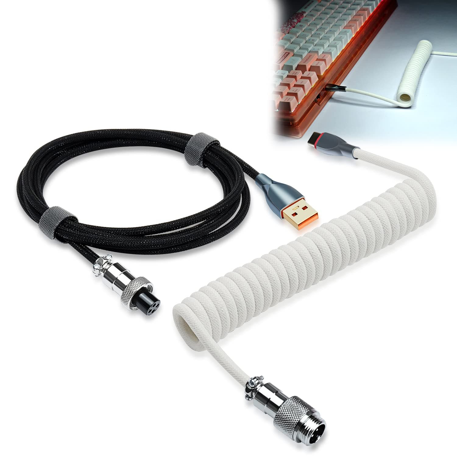 UCINNOVATE Coiled Keyboard Cable, Pro Custom Coiled USB C Cable for Gaming Keyboard, Double-Sleeved Mechanical Keyboard Cable with Detachable Metal Aviator, 1.8M USB-C to USB-A (White & Black)