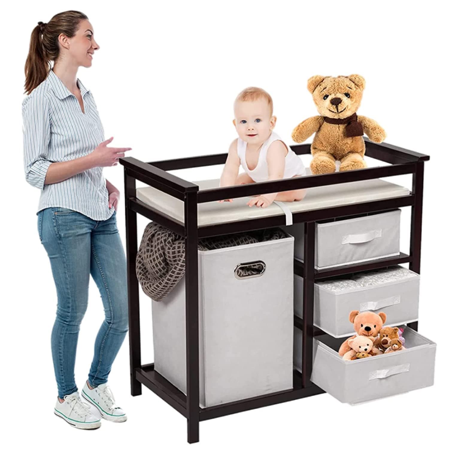 Baby Changing Table - Diaper Changing Table with Laundry Hamper, 3 Storage Basket, Changing Pad & Safety Belt (Brown)