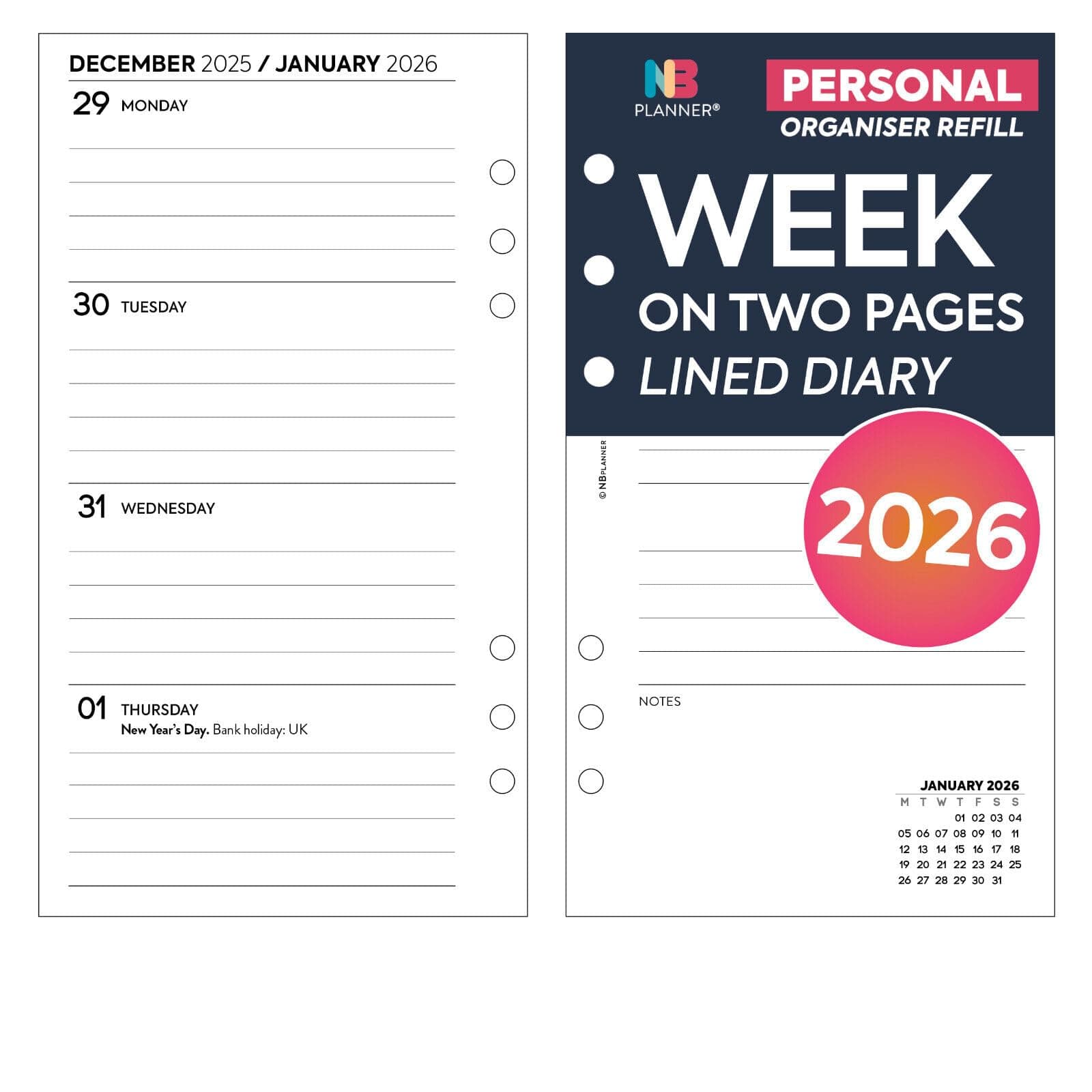 2026 Personal size week on two pages lined diary refill insert white | January 2026 – December 2026 | Compatible with Filofax personal size 6-ring organiser | 95 x 171 mm