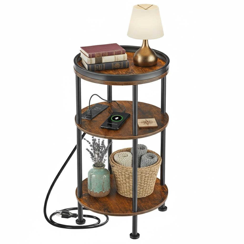 Small Round Side Table with Charging Station for Small Spaces, 3-Tier Round Accent Table with USB Ports & Power Outlets, Corner Table Sofa End Table for Living Room Bedroom (USB Charger, Rustic Brown)