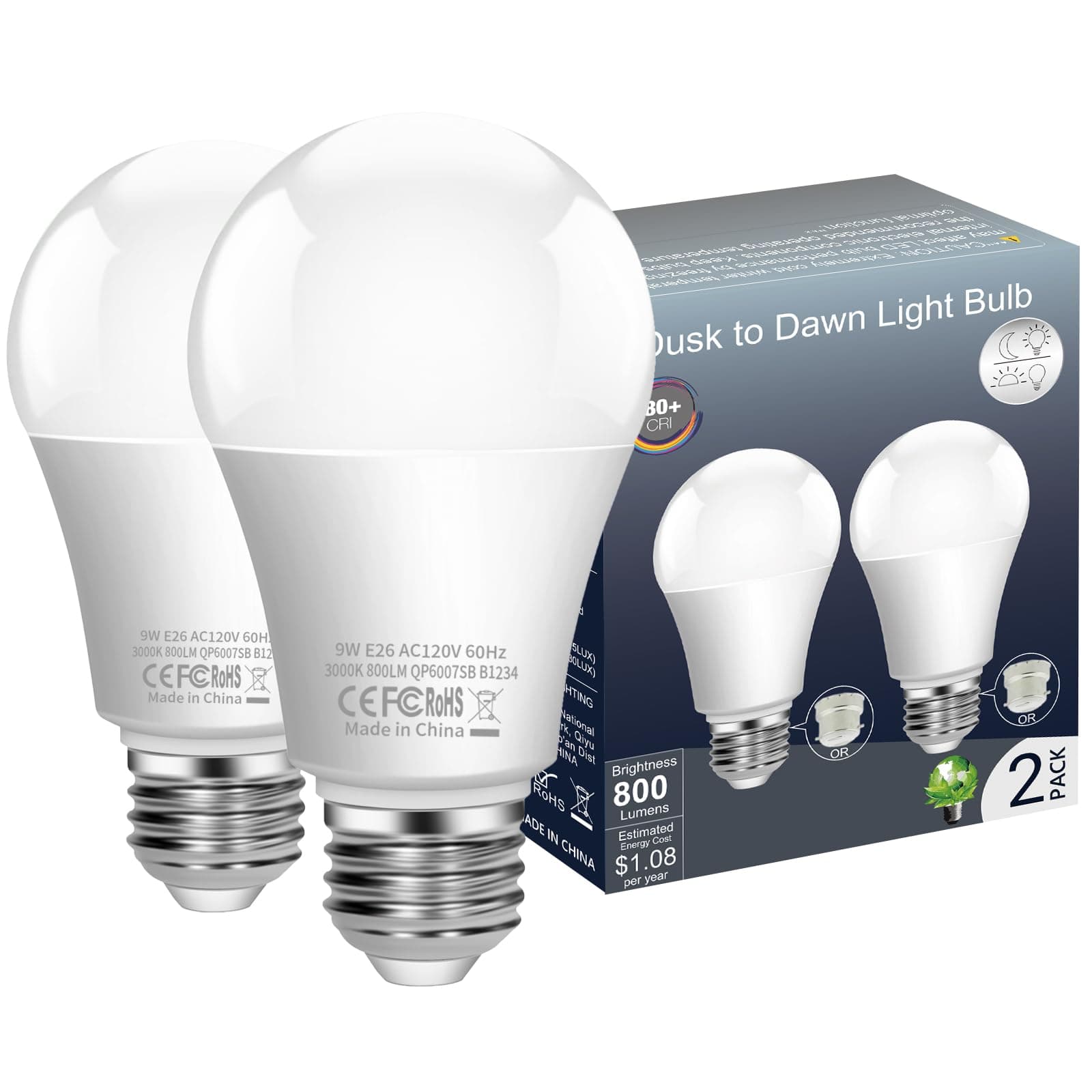 Dusk to Dawn Light Bulb,Build in Light Sensor Detector,9W(60W Equivalent),A19 Photocell Sensor Bulb,No Timer Required,3000K Warm White,for Indoor or Outdoor Use,Boundary,Garage,Patio,2-Pack by Boxlood