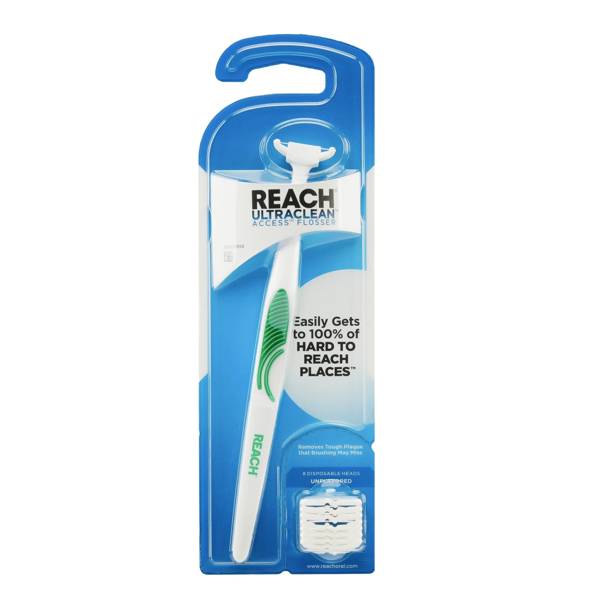 REACH Ultraclean Access Flosser Starter Kit, Unflavored, Plaque Remover for Teeth, for Hard to Reach Areas, Oral Care, PFAS Free, 1 Replaceable Flosser & 8 Refill Heads, 1 Pack