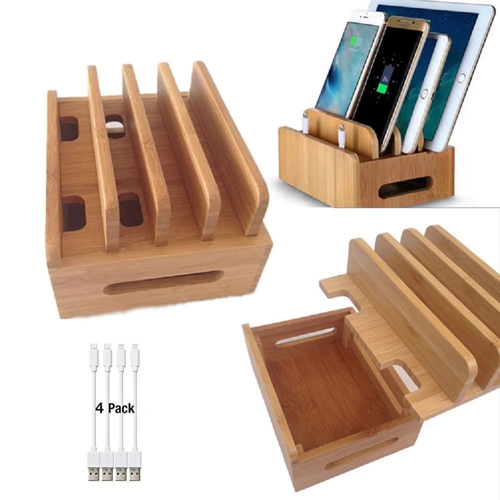 Bamboo Charging Stations for Multiple Devices, Desk Docking Station Organizer for Cell Phone, Tablet (Include Bamboo Wood Dock Station, 4 USB Charger Cables 8inch) by SYGJ