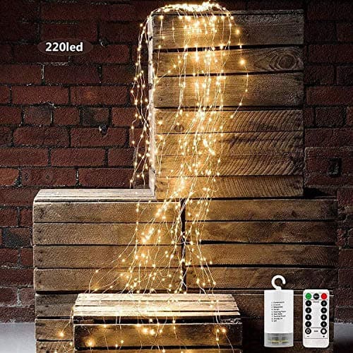 String Lights Decorative 11 Strands 220 LEDs Waterfall Tree Vine Starry Lights Battery Operated Silver Wire Branch Lights with Remote Timer for Christmas Bedroom Garden Outdoor (Warm White)