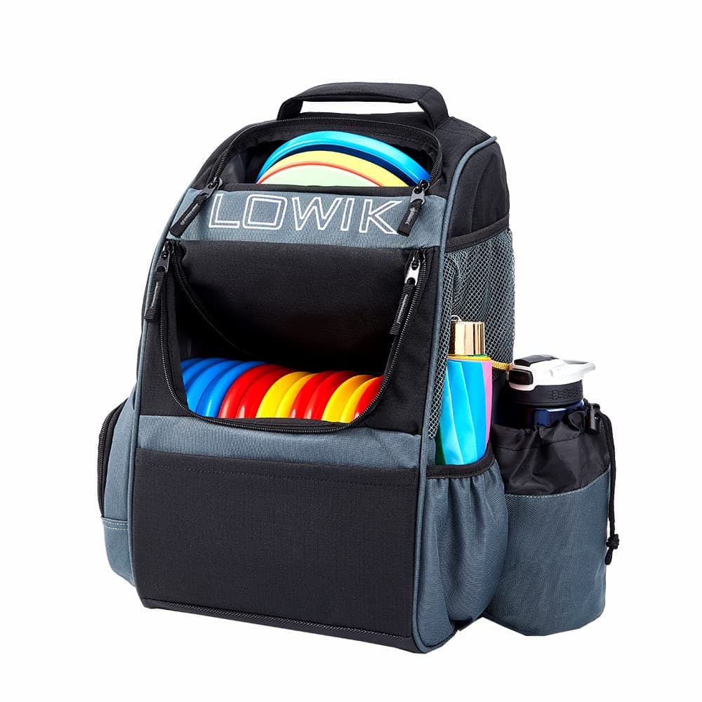 Lowik Disc Golf Bag, Multiple Storage Pockets Shuttle Bags Backpack, Lightweight Durable Easy to Carry Backpack with 20+ Capacity for Beginner, Hobbyist, Adults, Teenagers, L, 626BL