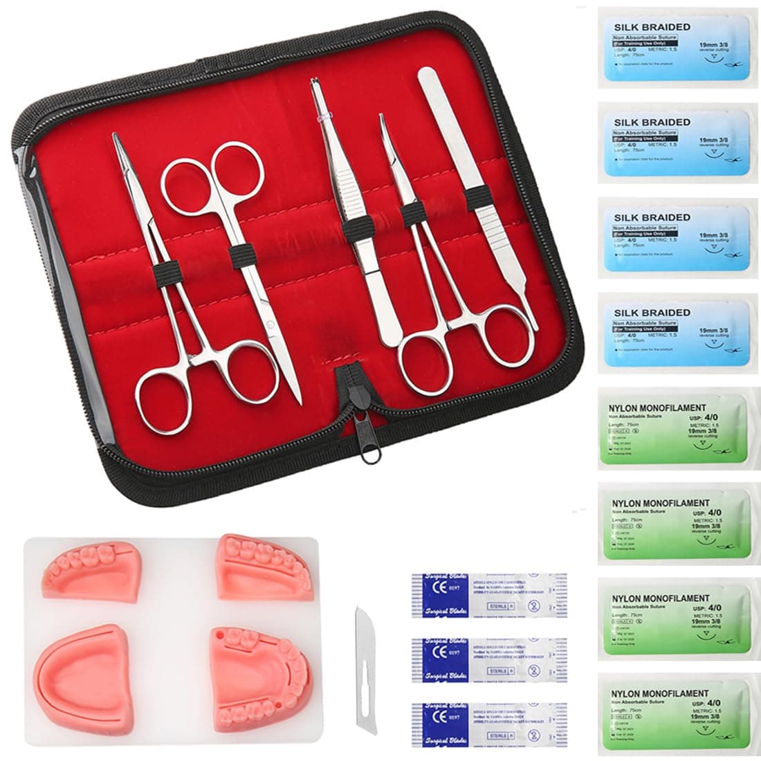 Dental Suture Practice Kit Suture Training 18 Pcs Set Including 4 Different Soft Silicone Suture Pads for Dentist Practice