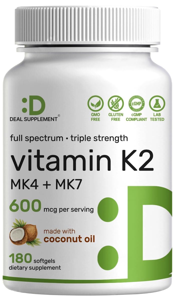 Vitamin K2 Supplement 600mcg, 180 Coconut Oil Softgels | Full Spectrum High Absorption MK-7 & MK-4 Forms | Bone, Joint, & Immune Support – Non-GMO