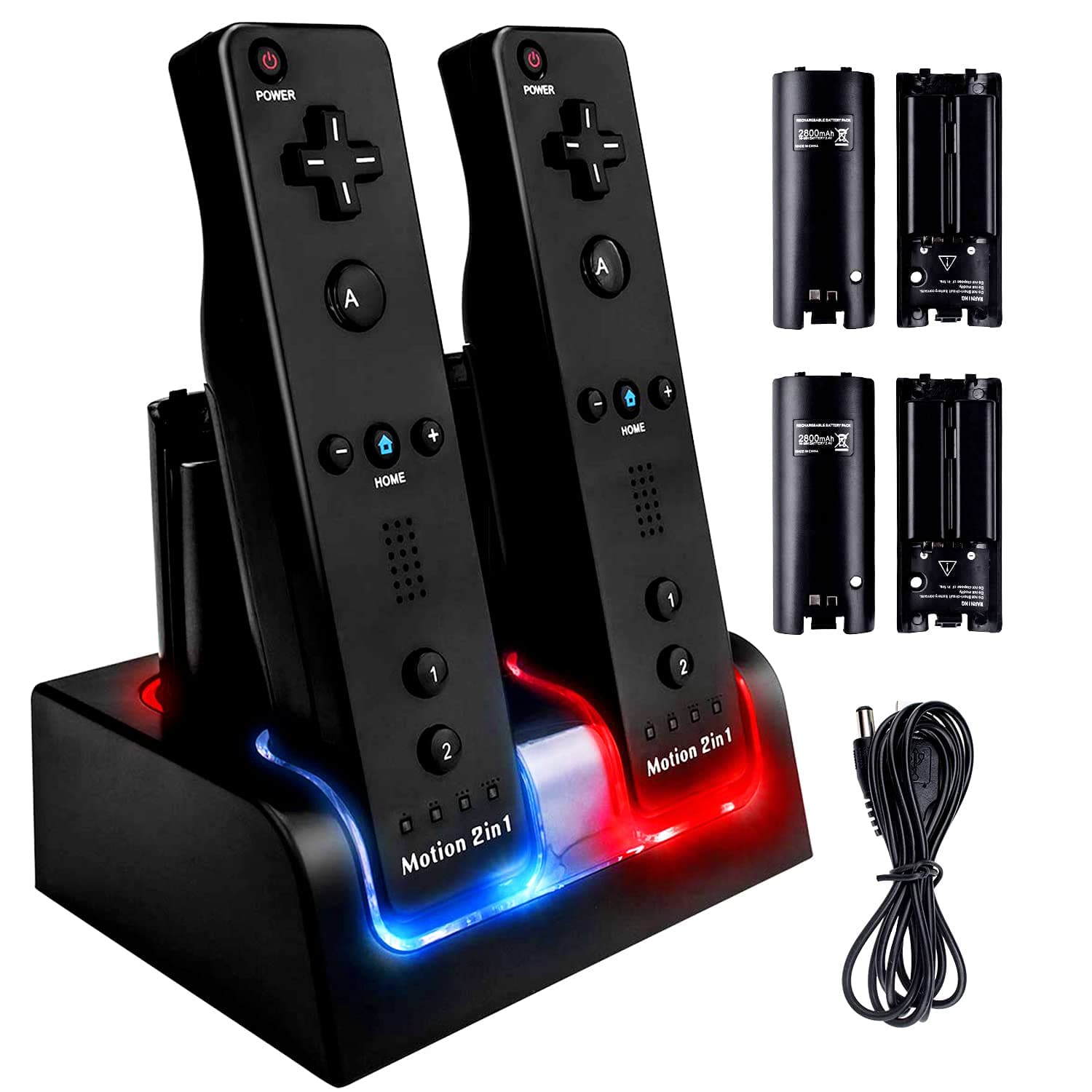TechKen Charging Docking Station for Wii Controller, Remote Charger Dock Stand Cable Adapter with 4 Rechargeable Batteries (Black)