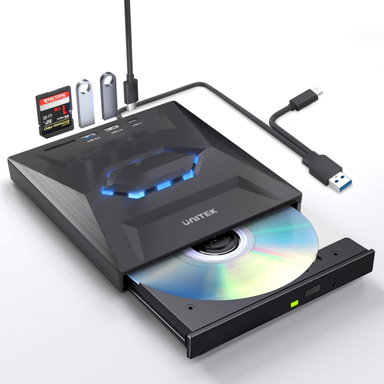 Unitek External CD DVD Drive With USB C Hub, SD Card Reader, and USB 3.0 - Portable CD/DVD Player and Burner for Laptop, Desktop PC, Windows, Linux, Mac