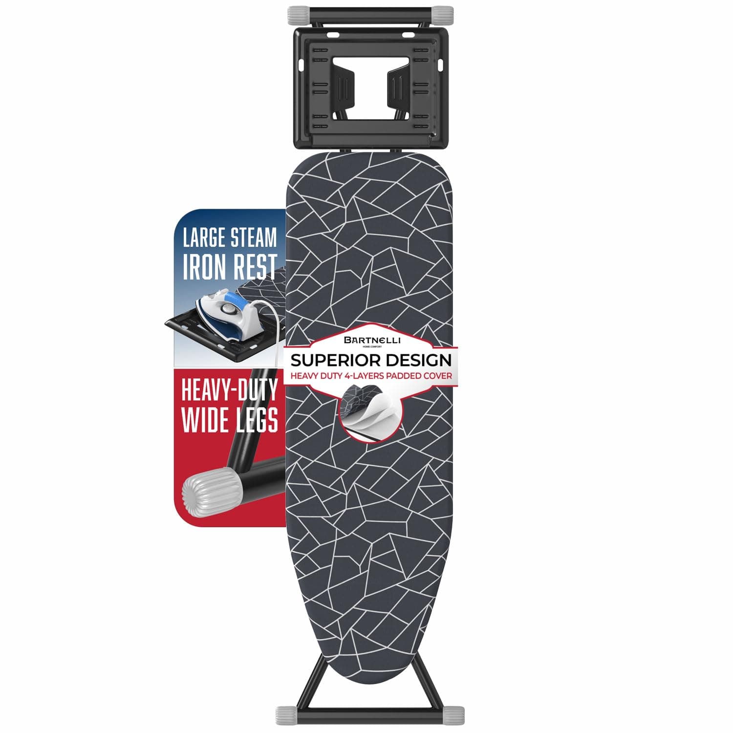 Bartnelli Ironing Board | Space-Saving and Ultimate Iron Board Experience 13x43 | Reinforced Steel Legs, Adjustable Height, 4-Layer Padding, Patent Folding System, with Convenient Iron/Steam Rest