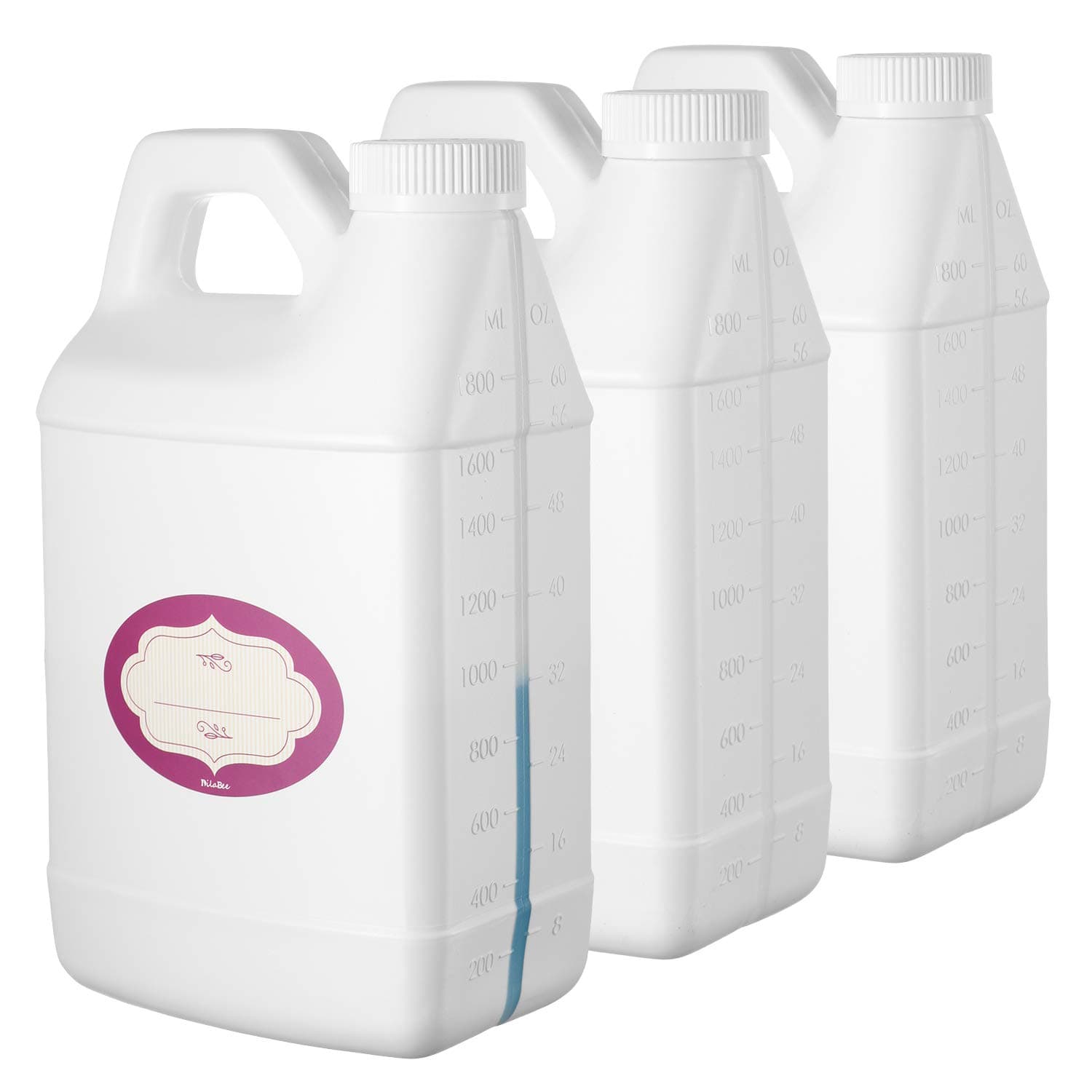 Pack of 3 - Rectangular White F-Style Jugs - Empty 64 oz Plastic Bottle with Scale Line - Jug Container with Child Resistant Airtight Lids and Labels - for Home and Commercial Use - BPA Free HDPE