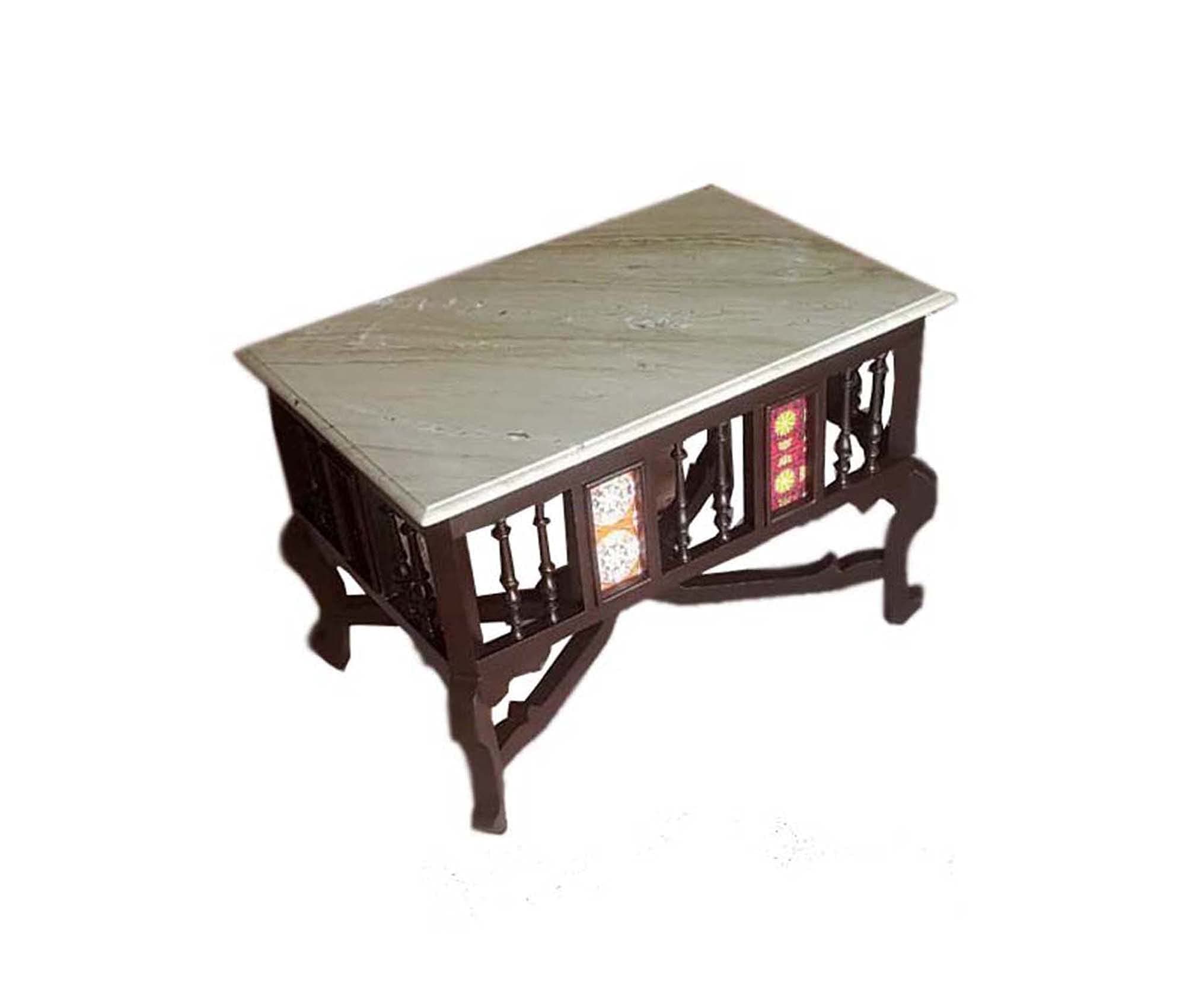 Kamoni Traditional Rectangle Shape Coffee Table/Center Table Solid Teak Wood with Natural Marble Top, Lacquer Finish Honey Brown Size: 18x30x24 inch