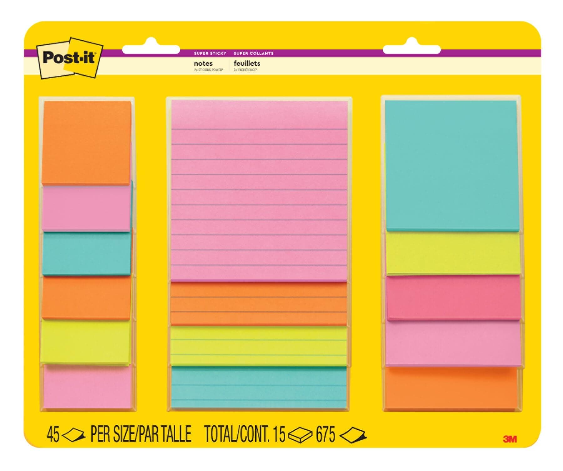 Post-it Super Sticky Notes, 15 Sticky Note Pads, Multi-Size., School Supplies, Office Products, 2X the Sticking Power, Supernova Neons Collection