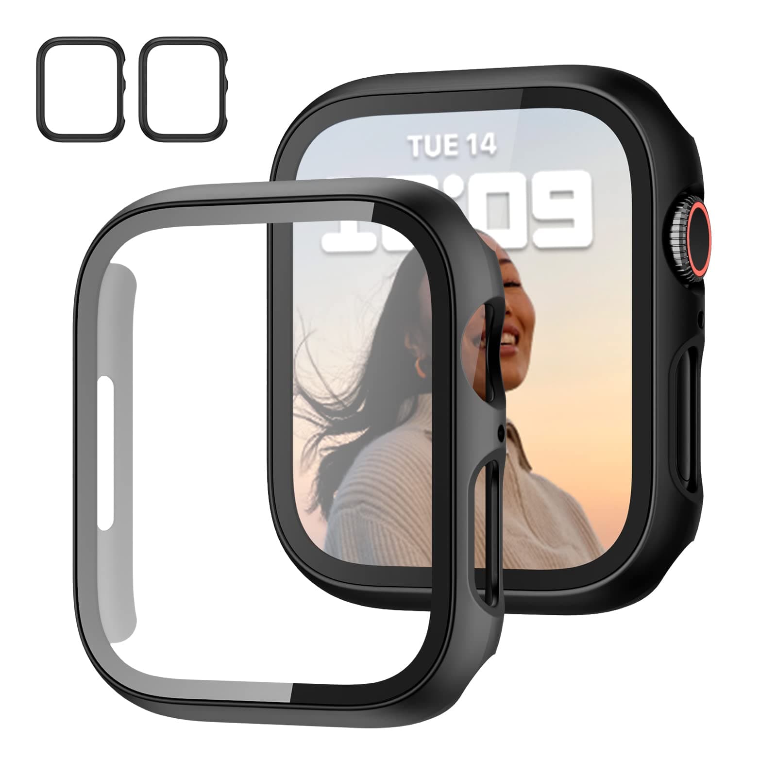 JZK 2 Pack Case with Tempered Glass Screen Protector for Apple Watch Series 9/8/7 45mm, Slim Guard Bumper Full Hard PC Protective Cover HD Ultra-Thin Cover for iWatch 9 8 7 45mm Accessories,Black