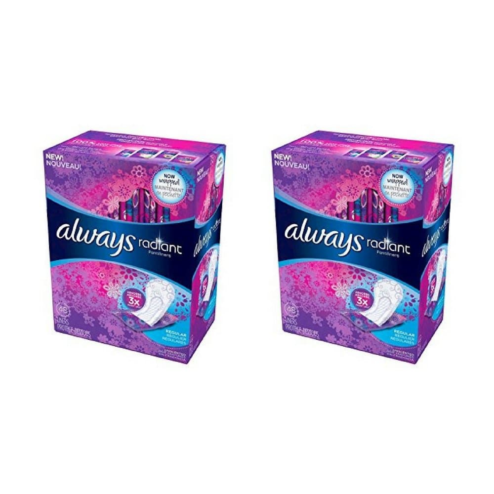 Always Radiant Pantyliners, Regular, Unscented, 48 Count, 2 Pack. (Includes 96 Pantiliners Total.)