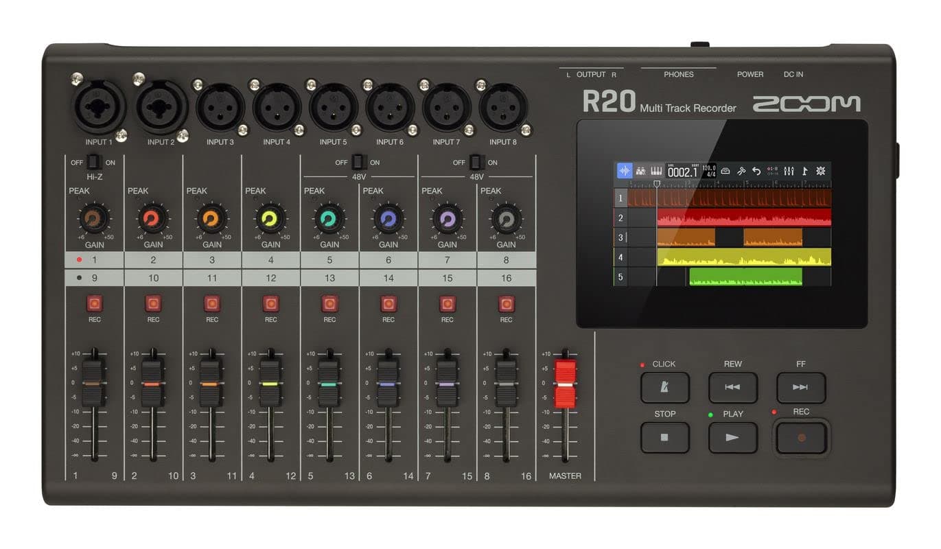 Zoom - R20 - Desktop Multitrack Recorder with Touchscreen, Integrated Editing, 16 Tracks, 6 XLR Inputs, 2 Combo Inputs, Effects, Synth, Drum Loop, and USB Audio Interface
