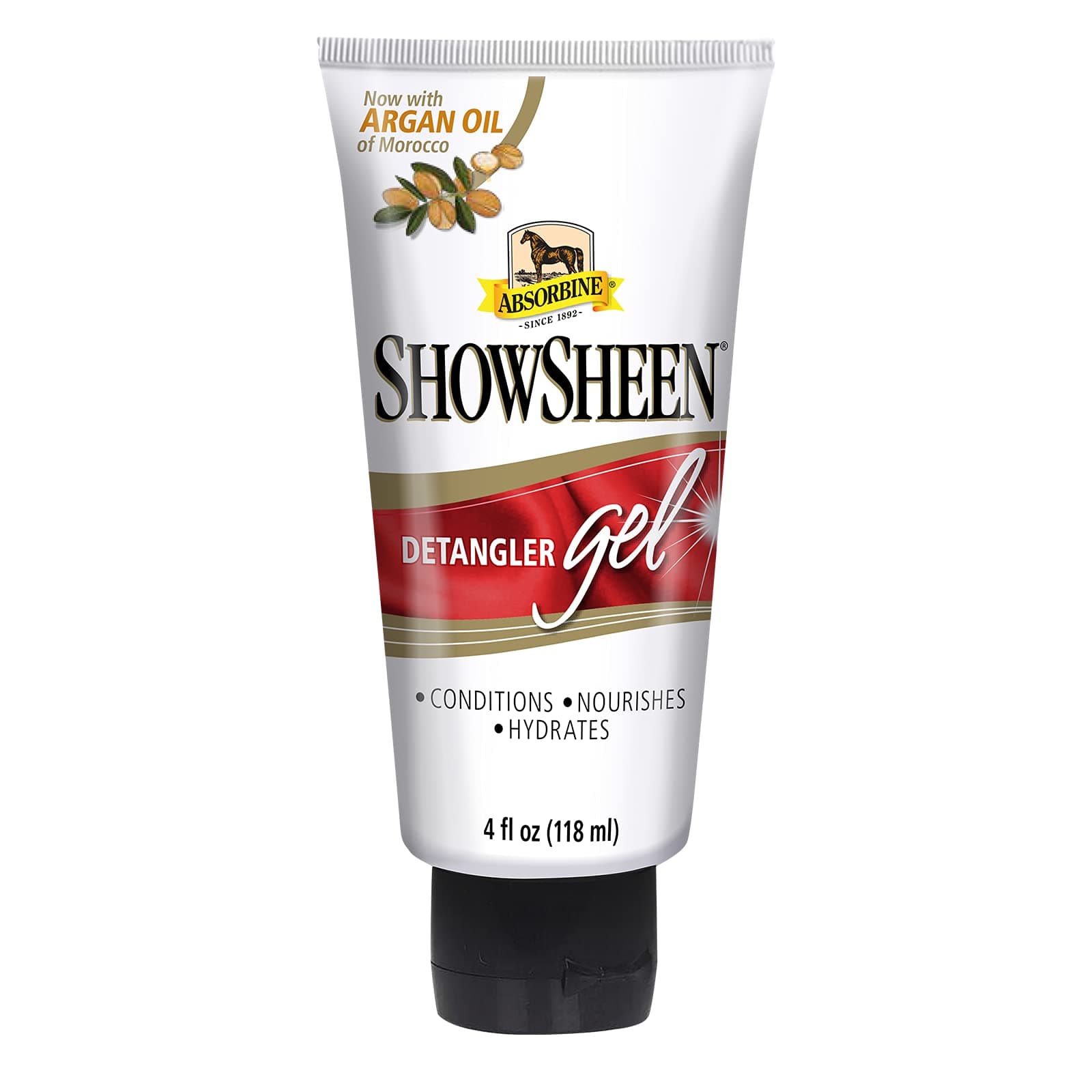 - ShowSheen Detangler Gel for Coat, Mane & Tail, Moroccan Argan Oil, Tackles Toughest Knots on Horses, Dogs & Livestock, 4oz