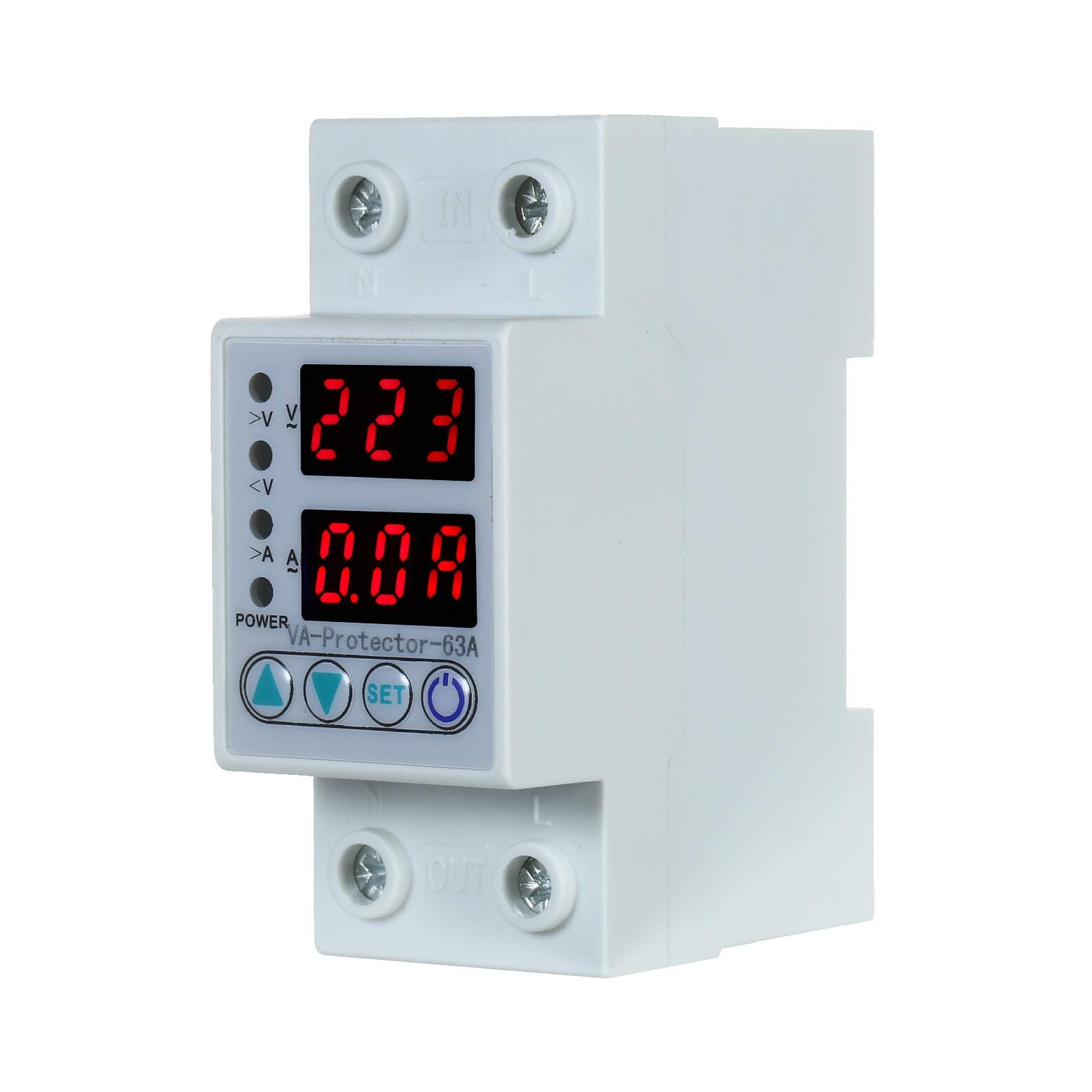 Eacam 63A 220V Din Rail Adjustable Over Voltage and Under Voltage Protective Device Protector Relay Over Current Protection Home Usage Dual LED Display