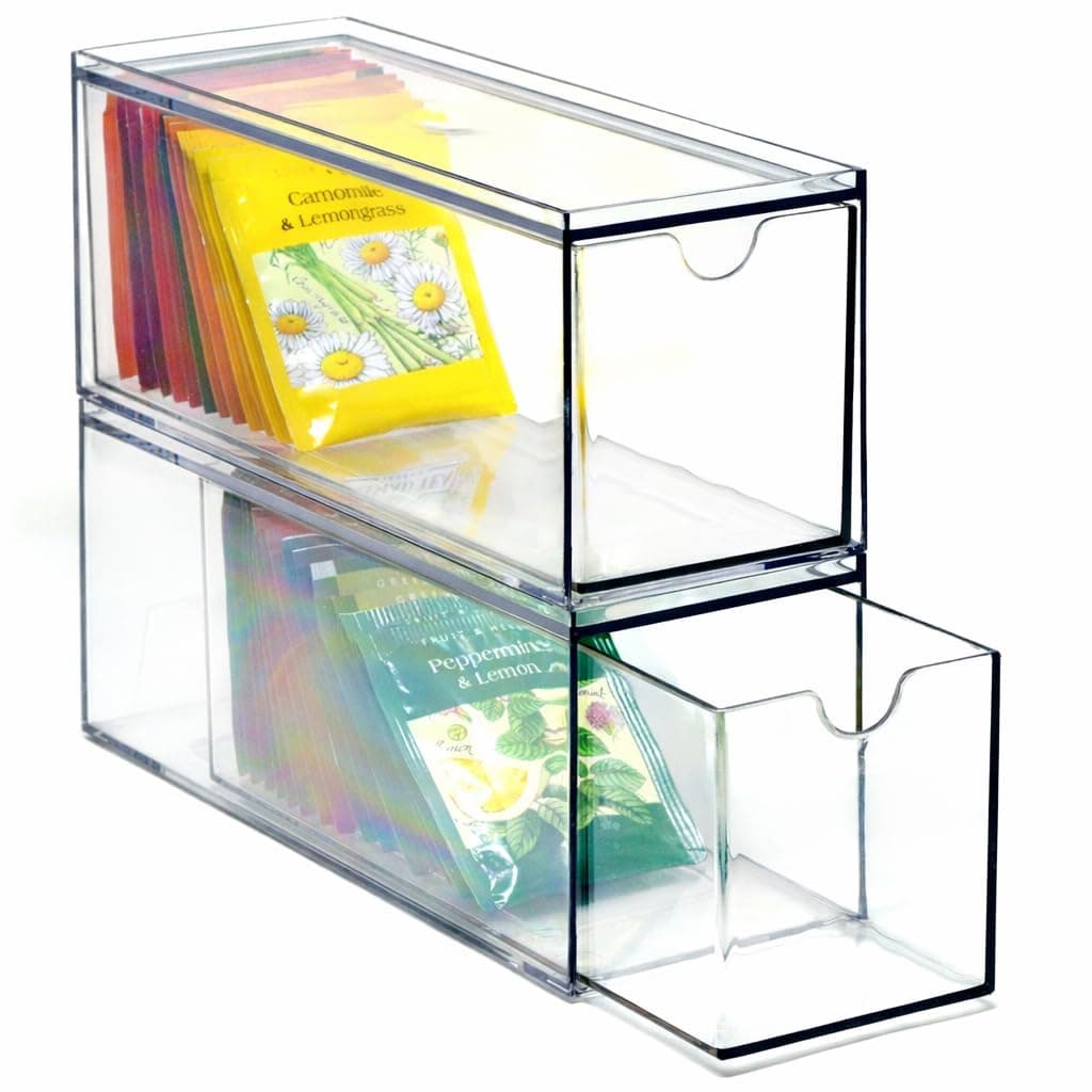 3 Drawers Plastic Kitchen Pantry Stackable Storage Organizer, Plastic Tea Packet Organizers, Stackable Tea Bag Holder, 9" x 3" x 3.5"