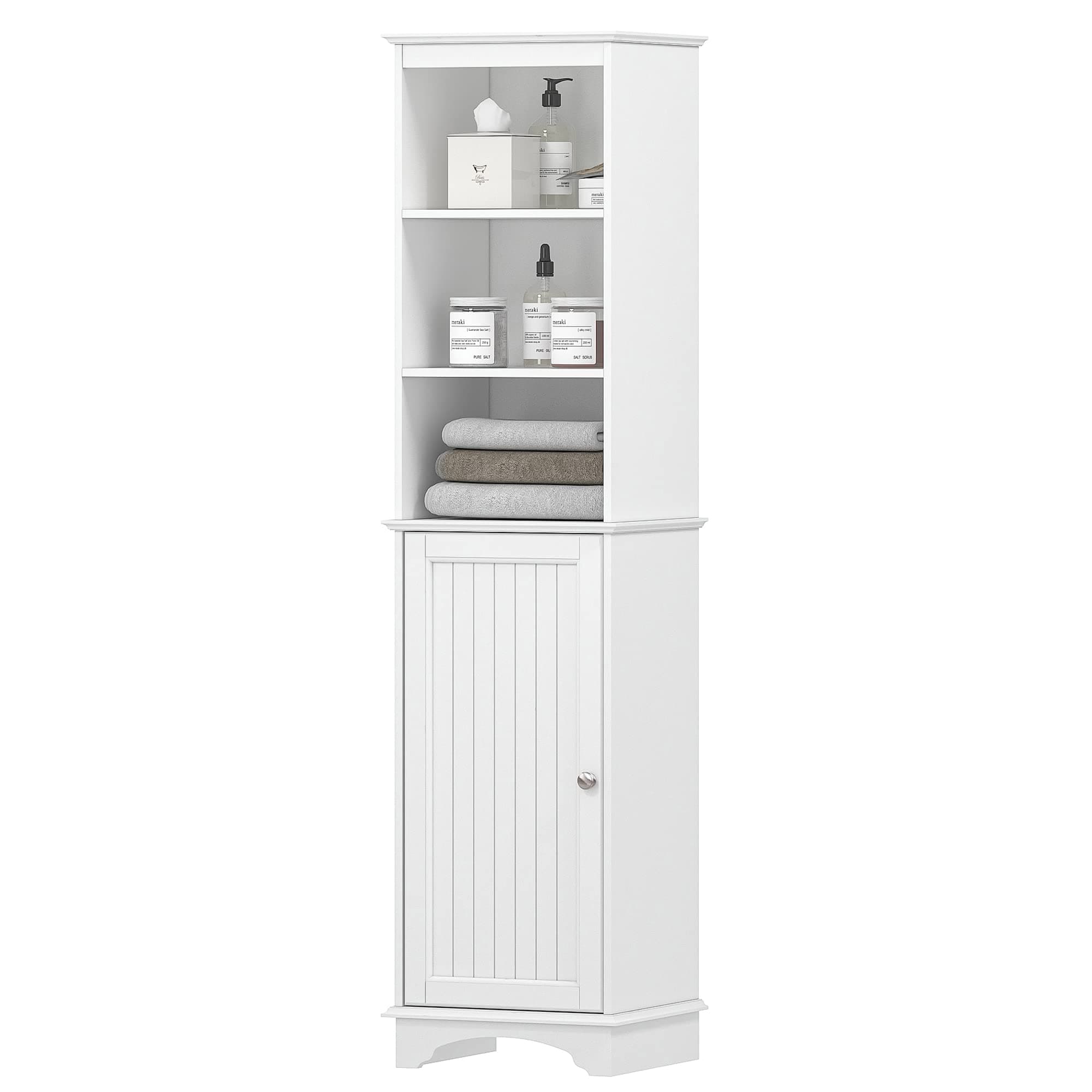 Home Freestanding Storage Cabinet with Three Tier Shelves, Tall Slim Cabinet, Free Standing Linen Tower, White